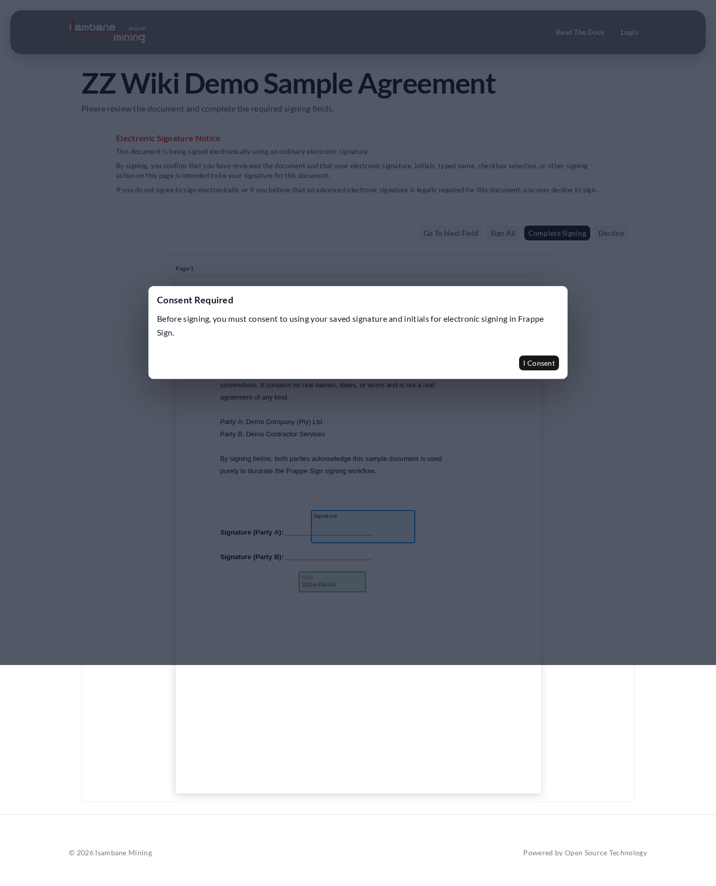 The signing portal: Electronic Signature Notice, the document with its fields, and a