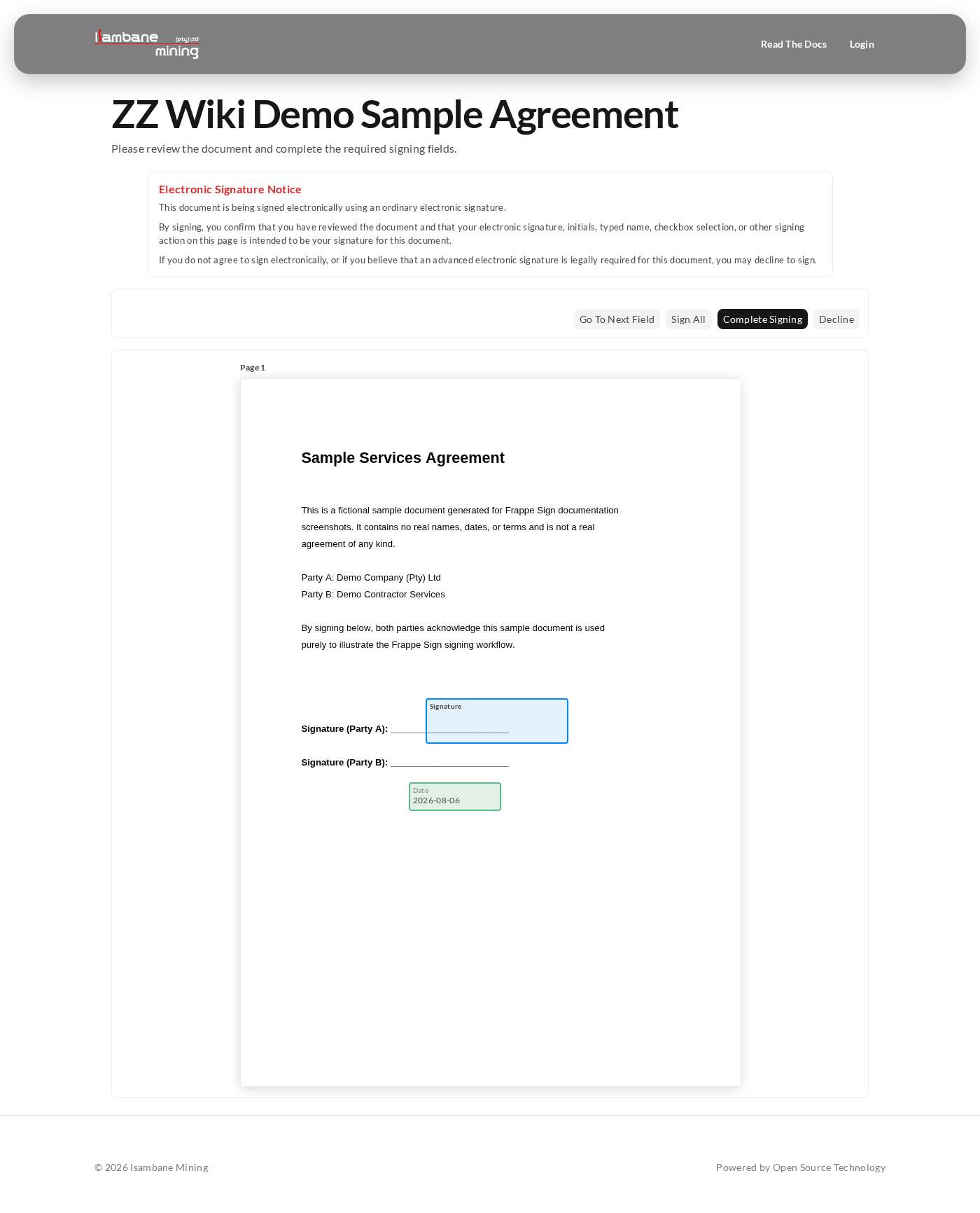 All required fields filled - the typed signature applied and the Date field auto-filled - ready for Complete Signing