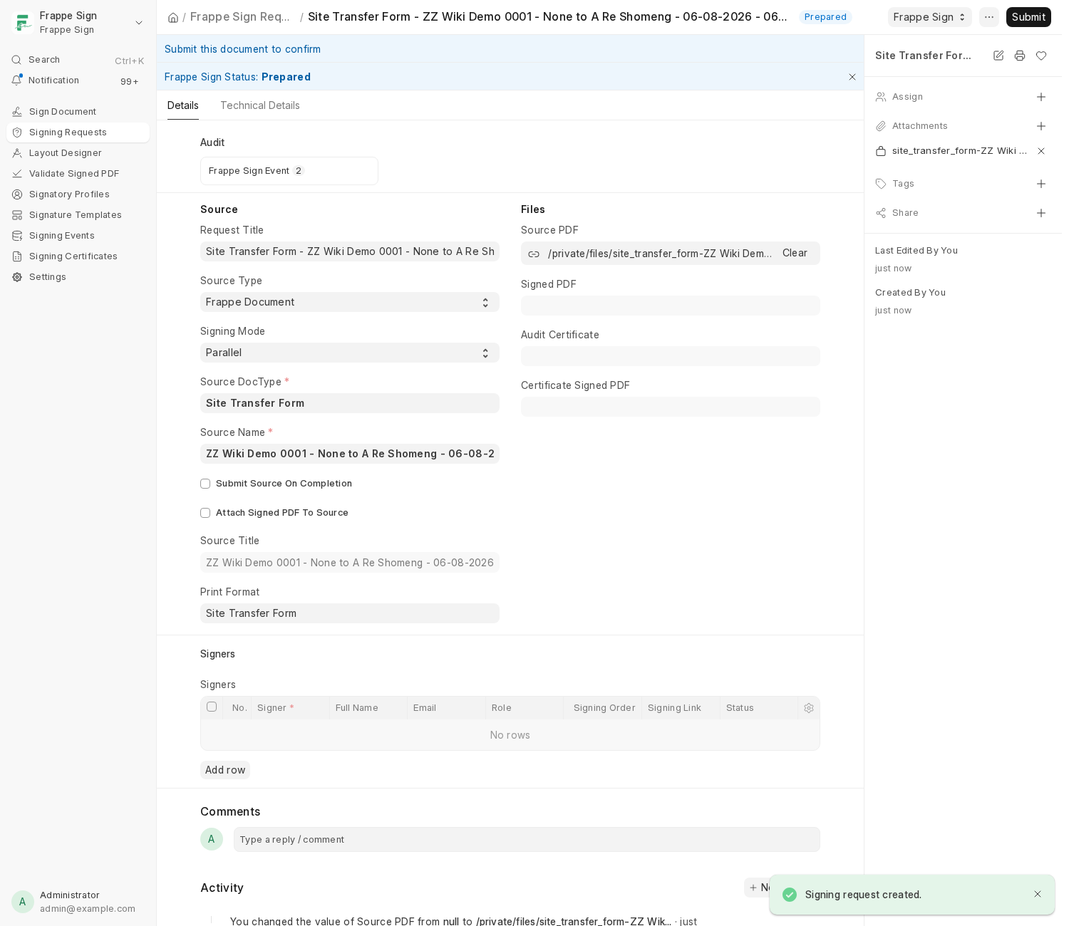 The newly created request: Source Type 