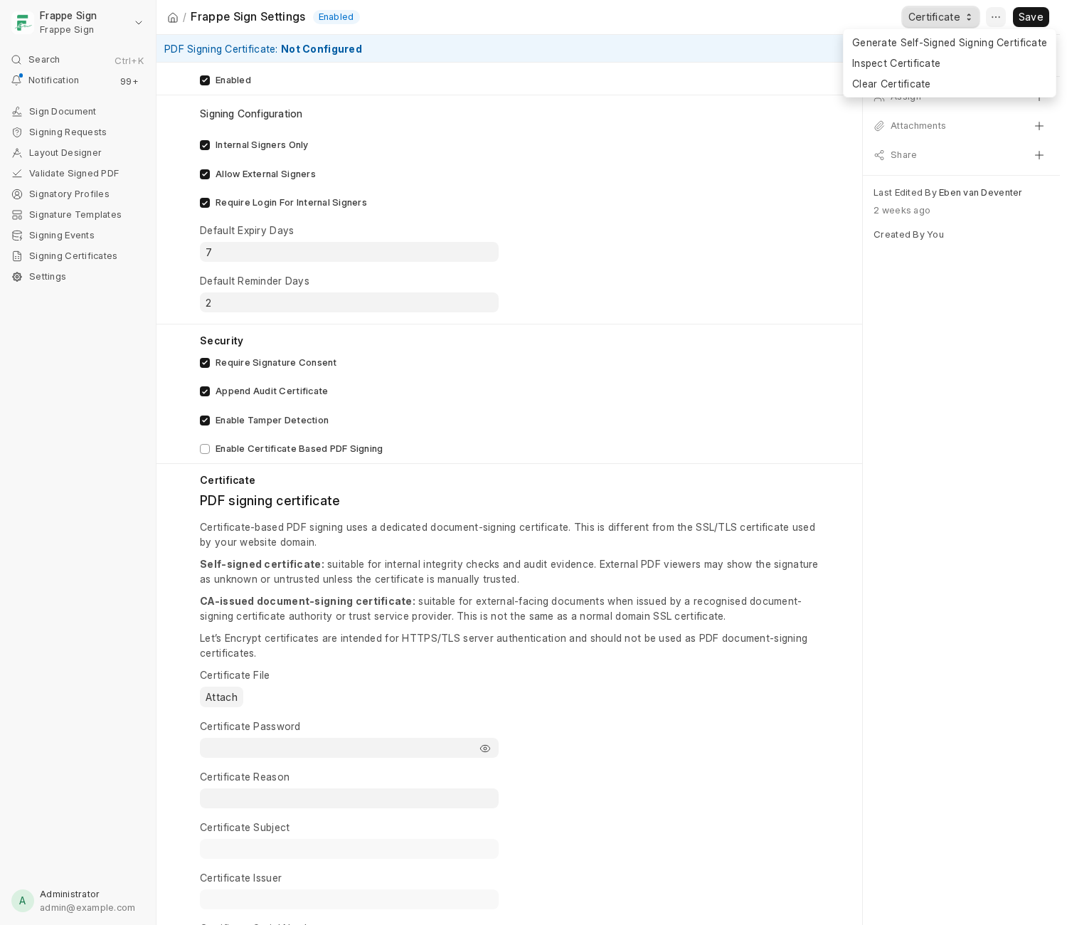 The Certificate action menu: Generate Self-Signed Signing Certificate, Inspect Certificate, Clear Certificate