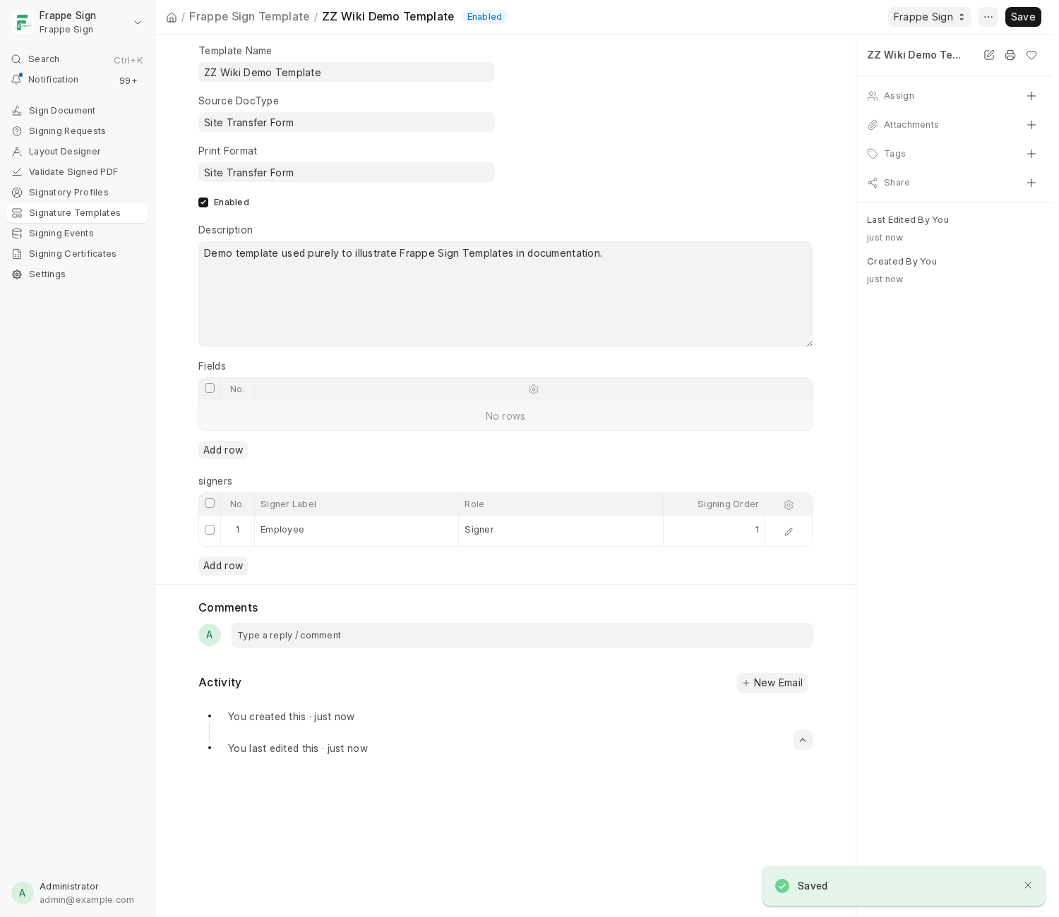 A saved, enabled template with its placeholder signer